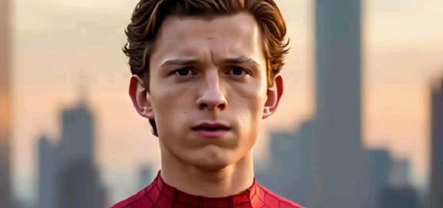 Tom Holland's Spider-Man standing in full suit against the New York skyline at dusk
