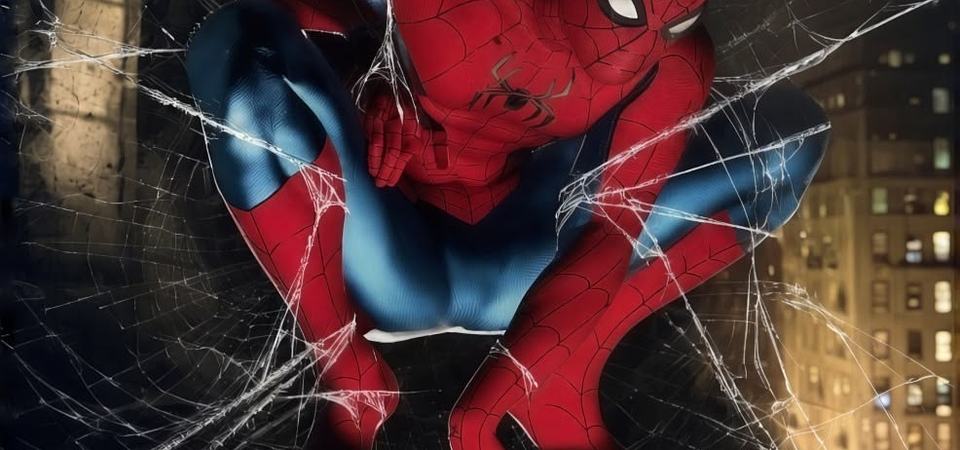 Spider-Man perched beneath a web-strung archway, silhouetted against a night sky, framing the mystery of where he ends up once the credits roll