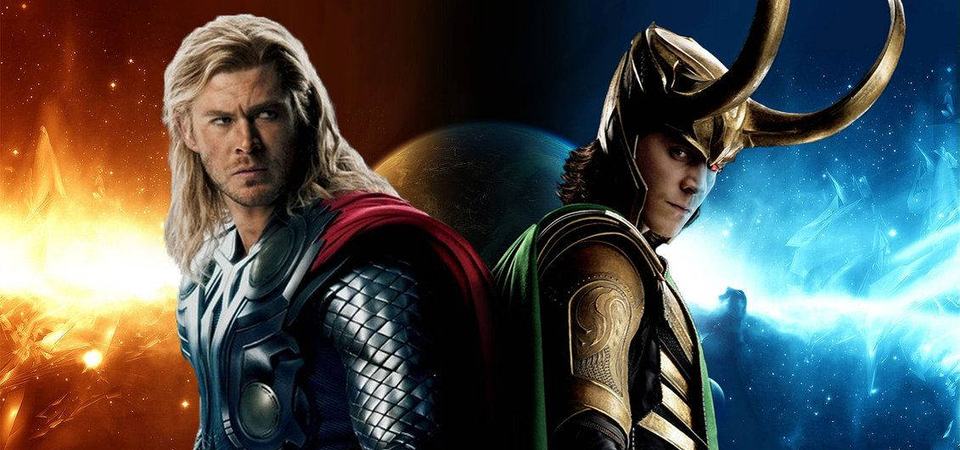 Thor and Loki stand back to back in Asgardian battle armour, weapons raised, during Thor: The Dark World