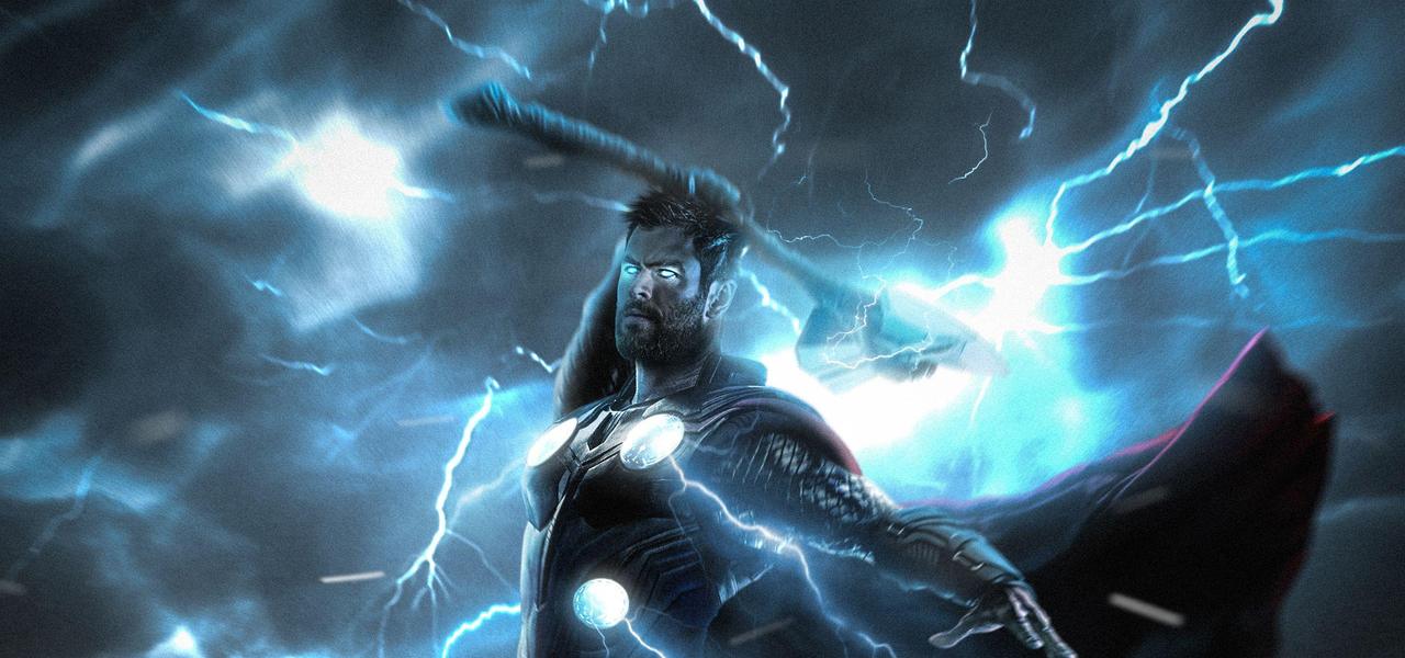 Thor mid-swing with Stormbreaker as lightning forks across the sky around him