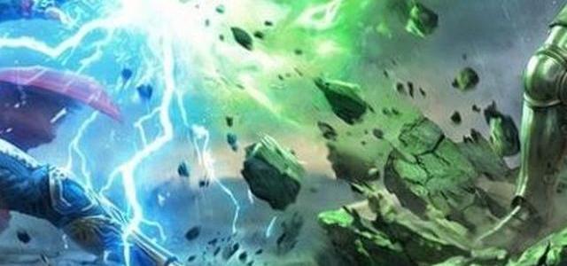 Thor squaring off against Doctor Doom in a wide, storm-lit confrontation