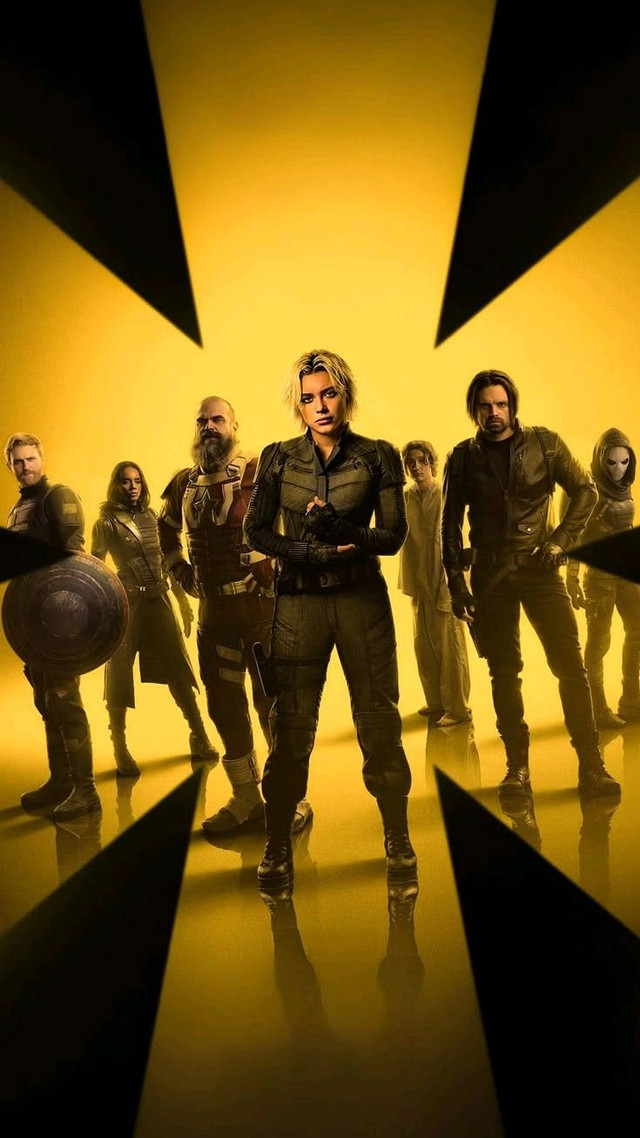 A line of X-Men standing in formation against a giant yellow X insignia