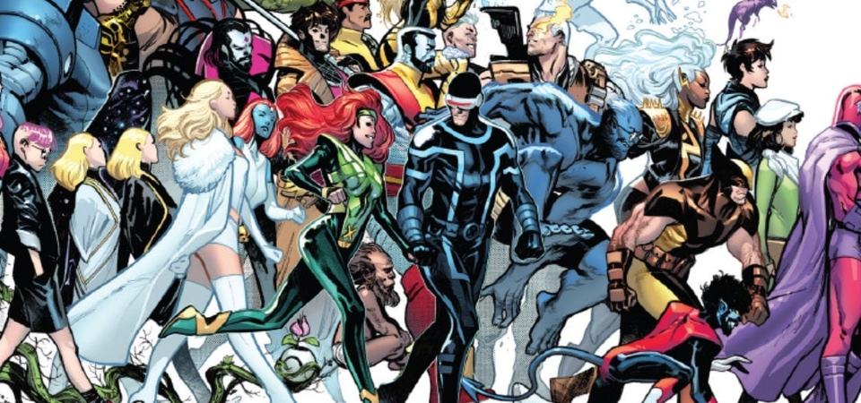Marvel Comics artwork of a wide X-Men team lineup including Jean Grey, Cyclops, Magneto, Emma Frost, Beast, Wolverine and Nightcrawler