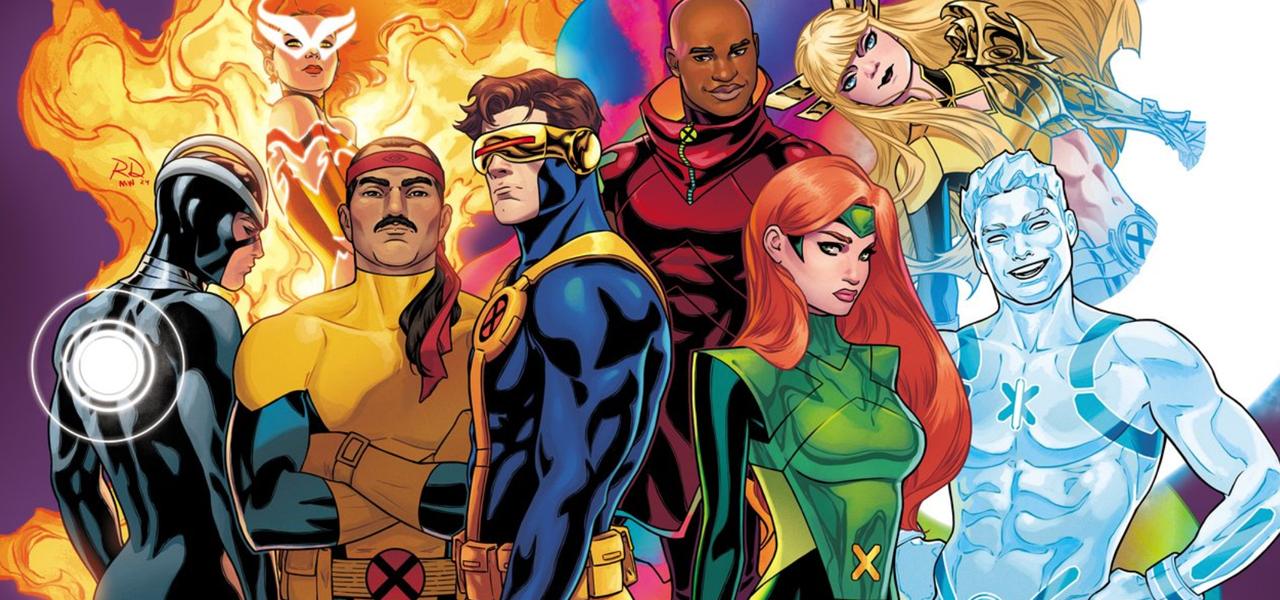 Marvel Comics artwork of a modern X-Men team pose featuring Cyclops, Jean Grey, and Emma Frost among others, illustrated in classic comic-book style